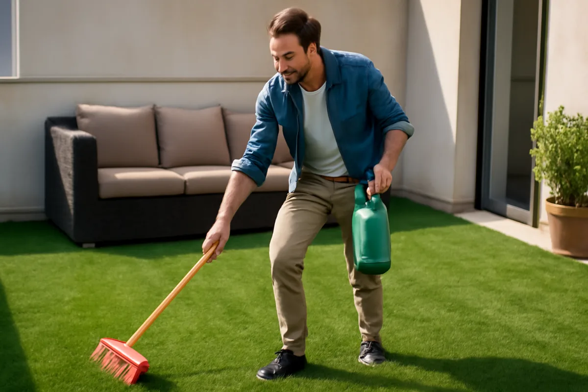Manutenzione del prato sintetico per terrazza: il trucco che lo mantiene sempre verde e soffice